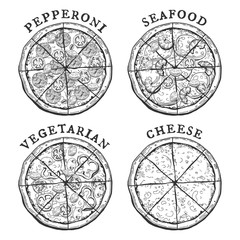 pepperoni, seafood, vegetarian and cheese pizza