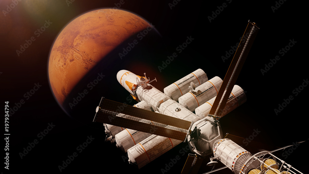 Wall mural spaceship arriving at planet mars, expedition to the red planet (3d science fiction render, elements