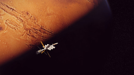 spaceship arriving at the red planet Mars, journey through the solar system © dottedyeti