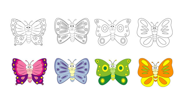 Coloring book page for preschool children with colorful butterfl