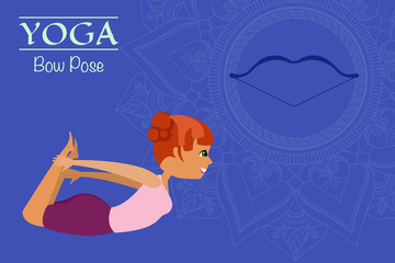 Yoga. Asana is the pose of the bow. A graphic illustration of the exercise. Girl and bow. Blue background with mandala. Vector