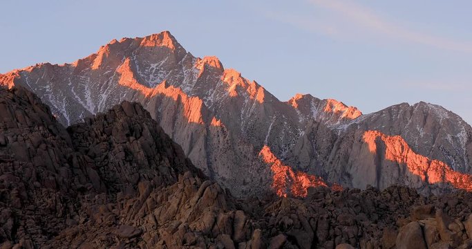 Footage compilation of Alabama Hills and Eastern Sierra Nevada Mountains views on sunrise, Lone Pine, California, USA.