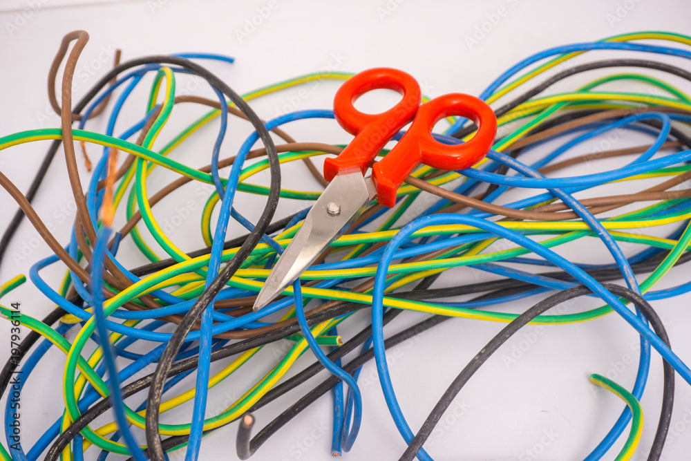 Wall mural electrician cuts electric wires. electric cables