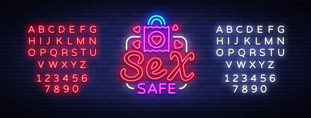 Safe Sex design template. Safe sex condom concept for adults in neon style. Neon Sign, Element Design. Intimate store. Bright nightly advertising. Vector illustration. Editing text neon sign