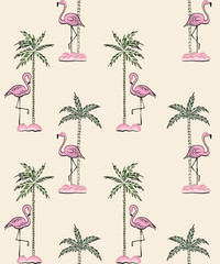 Naklejka premium Pink flamingos and palms. Seamless pattern. Tropical vector print.