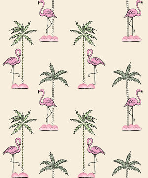 Pink flamingos and palms. Seamless pattern. Tropical vector print.
