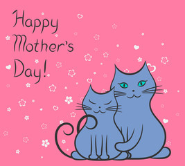 Mother cat and kitty contour drawing. Happy mother's day card, vector