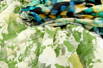 green crinkled textile with leaf motive flower with yellow for background wallpaper spring