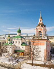 Ancient temples on the ancient street of Varvarka in winter Moscow