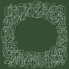 Frame consisting of outline numbers on dark green background.  Random number generator. Numeric vector pattern