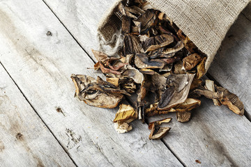 dried mushrooms scattered on the table
