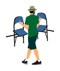 Delivery service moving transport, worker carrying chairs vector illustration. Handyman job. Distribution and procurement. Hipster boy moving after party. 