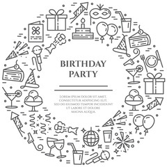 Birthday party theme banner consisting of line icons with editable stroke in form of circle with copy space.