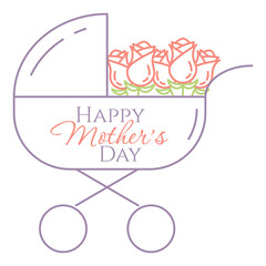 Obraz premium Baby pram with roses inside isolated on white background - minimalistic mothers day concept with line elements of stroller with sign on it and bouquet of pink flowers.