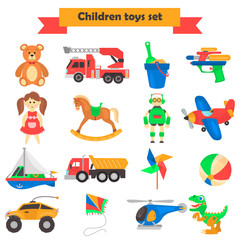 Set of different children's toys color flat icons