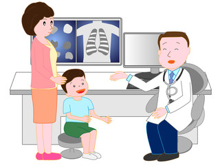 病院で診察を受ける子供。母親が付き添っている。