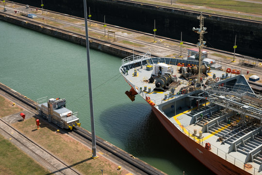 Ship crossing the Panama Canal, Miraflores Locks