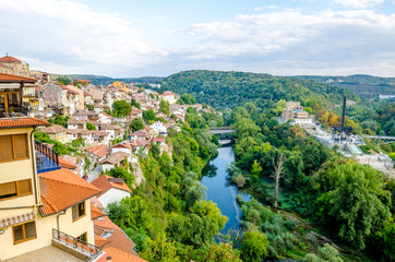 Fototapeta na wymiar Veliko Tarnovo city in northern Buylgaria in Europe in a view from above