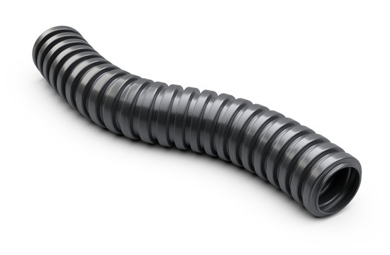 Black corrugated pipe for installation of electrical cable. Plastic curvilinear hoses.