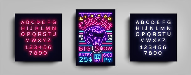 Fototapeta na wymiar Circus flyer in neon style. Circus show with elephant neon sign poster, banner, neon brochure, typography design template, light night advertising Circus. Vector Illustrations. Editing text neon sign