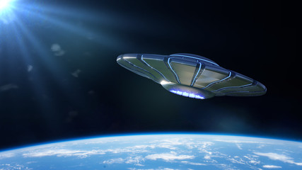 UFO, alien spaceship in orbit of planet Earth, extraterrestrial visitors from outer space in flying saucer  © dottedyeti