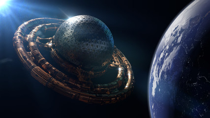 UFO, alien spaceship in orbit of planet Earth, extraterrestrial visitors in flying saucer © dottedyeti