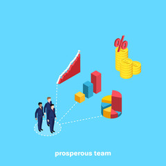 men in business suits next to diagrams and coins with the percent sign, isometric image
