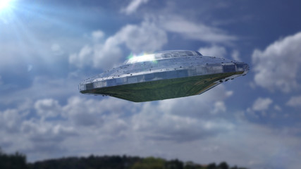 Obraz na płótnie Canvas UFO, alien spaceship, extraterrestrial visitors in flying saucer (3d science fiction illustration)