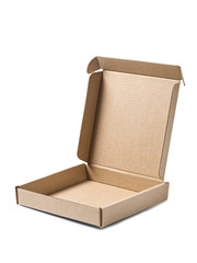 Opened kraft cardboard box on isolated white background. Parcel with empty space for your text....