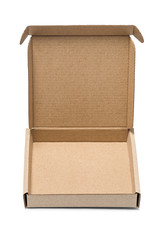 Opened kraft cardboard box on isolated white background. Parcel with empty space for your text....