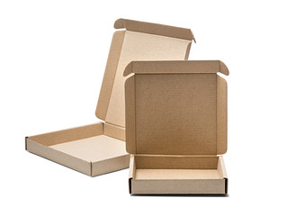 Two cardboard box on isolated white background. Parcel with empty space for your text. Pattern for...