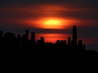 Fototapeta na wymiar Hong Kong skyline silhouette with sunset illustration