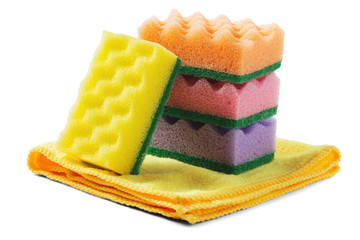 Sponge for cleaning and rag napkin on white isolated white background. Items for cleaning the house. The idea of hygiene, safety and cleanliness.