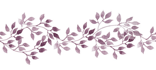Seamless stripe banner - hand painted watercolour leaves. Repeated pattern.