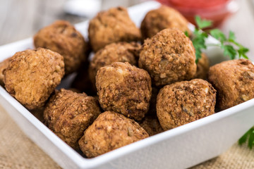 Some fresh Meatballs (selective focus; close-up shot)
