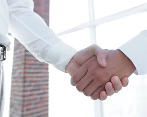 Closeup of a business handshake, on bright  background