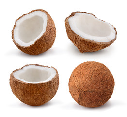 Coconuts isolated on white background. Collection.