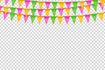 Vector realistic isolated party flags with easter egg ornament for decoration and covering on the transparent background. Concept of Happy Easter.