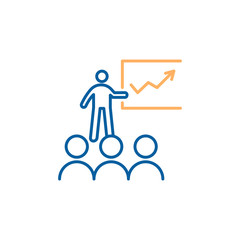 business team analyzing growth and progress of their value. Vector trendy thin line icon illustration design