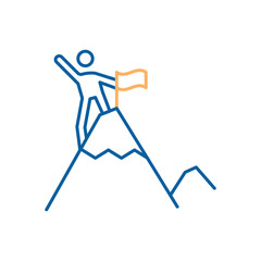 Character reaching top of the mountain and sticking a flag. Thin line icon trendy design