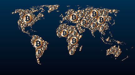 World map of golden bitcoins, mining, growth rate, distribution