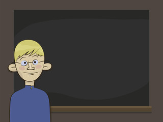 blond boy an honors pupil in glasses and blue school uniform standing near a black board