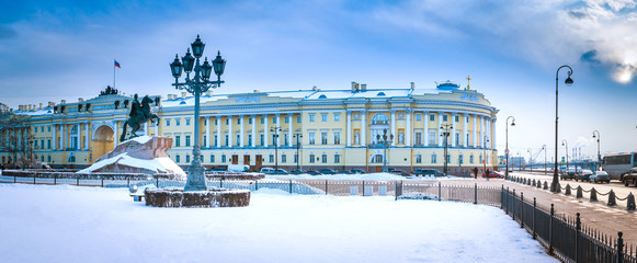 Panorama of St. Petersburg. The monument to Peter the first. Russia. The Bronze Horseman in Petersburg. Panorama of Russian cities.