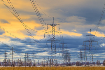 Wires from the power plant. Electricity. Transportation of electricity. High voltage wires.
