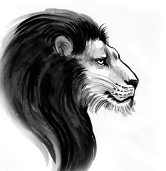 Black and white ink sketch of a lion with a black mane