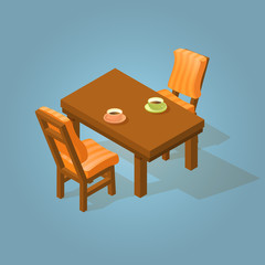 Set of the isometric cartoon table and two chairs.
