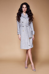Beautiful sexy woman wear business style clothing for office casual meeting collection accessory cashmere wool coat jacket sexy glamor fashion model beauty face long brunette hair jewelry earrings.