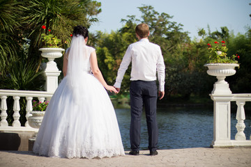 The bride and groom are walking in the park