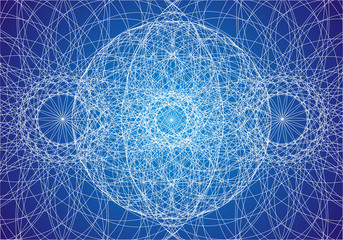 Openwork geometric background of white lines on a blue substrate 