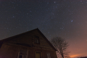 Sunset at night time with agricultural land in foreground and stars in background